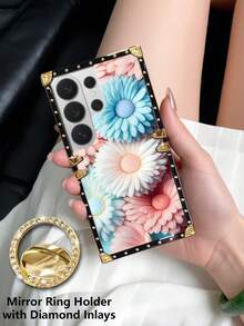 1個彩色花卉平面圖案長方形手機殼，適用於三星 Galaxy S26 Ultra/S26/S26 Plus/S25FE/S25Ultra/S25+/S25/S24 Plus/S24/S24U/S23 Ultra/S22ULTRA/A57 5G/A56 5G/A37 5G/A36/A17/A16 以及蘋果 17proamx/17/16 Promax/16/15PRO Max/15/14 Plus/15plus/14 Pro Max/13promax 機型。[國際版，非國內版] - 多色+[鏡面指環支架] - 查看 6