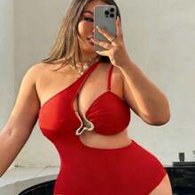 Swim  2026 New Plus Size Women Solid Color Halter Backless One-Piece Swimsuit With Detachable Straps - Rojo - Ver 1