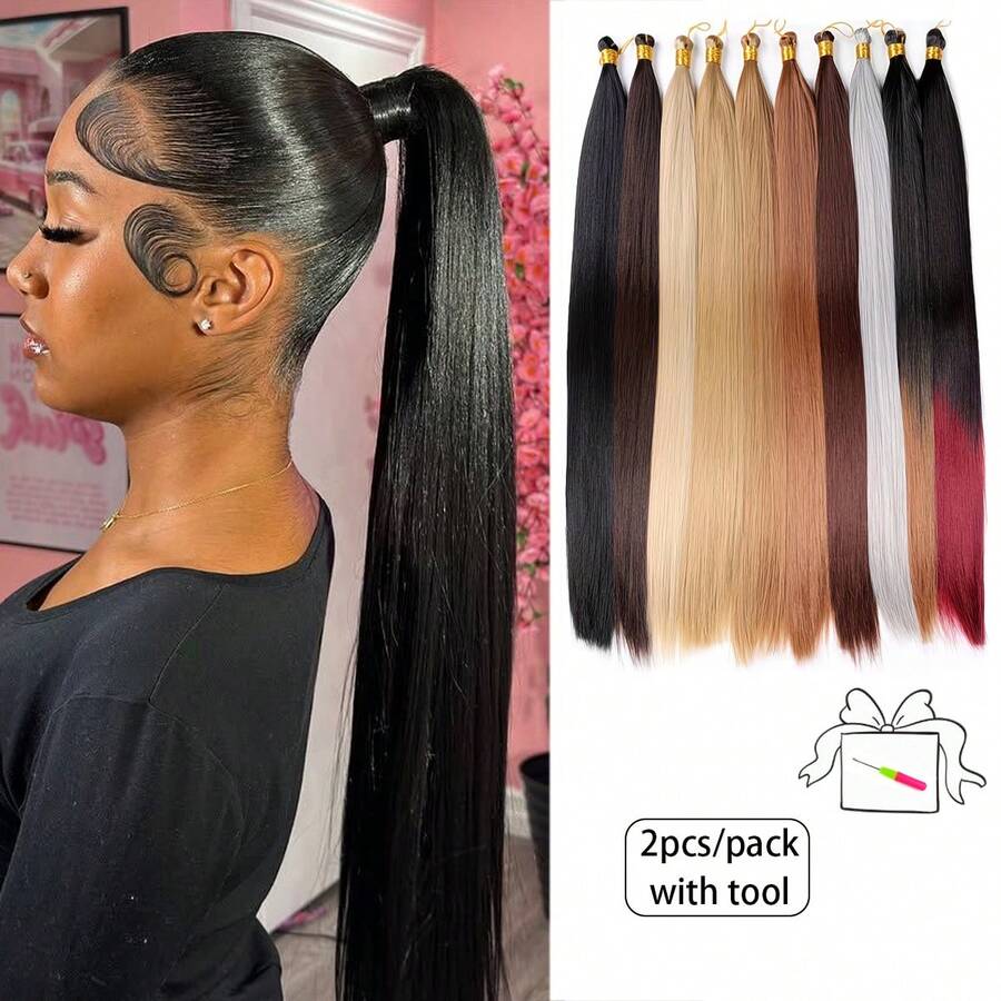 2 pièces/paquet (avec outil) Extensions de cheveux au crochet droits de 24 pouces, fibres synthétiques résistantes à haute température pour tresses au crochet. Conçu pour un tressage facile avec des cheveux longs et droits, convient pour la décoration de cheveux de la Coupe du monde - Multicolore - Voir 1