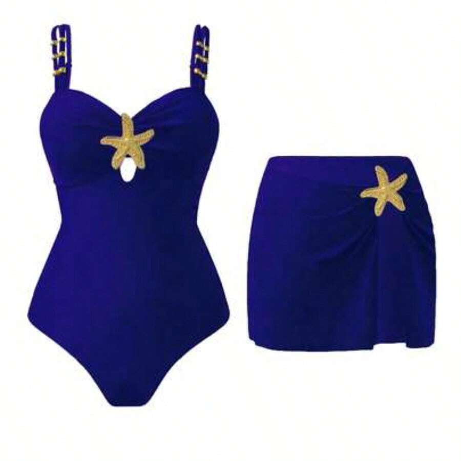 Swim Oasis 2pc Women's Cute Pentagram Decor Casual Vacation One-Piece Swimsuit Women's Swimwear Women's Swimsuits Tummy Control Women's Swimsuit 2 Pieces Pool Party Outfit For Women Swimsuit With Skirt - azul real - Ver 1