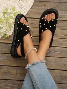 Teenage Girls' Black Suede Rivet Criss-Cross Strap Sandals, Student Flat Open Toe Backstrap Beach Holiday Casual Sandals - Black - View 6