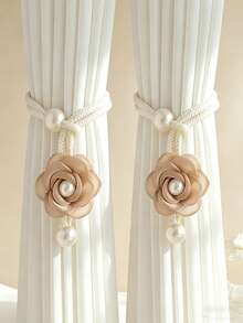 2pcs Bohemian Style 3D Floral Curtain Tiebacks, Pearl Decorated Adjustable Curtain Clips, Luxury Curtain Buckle Rings For Living Room And Bedroom - Multicolor - View 8