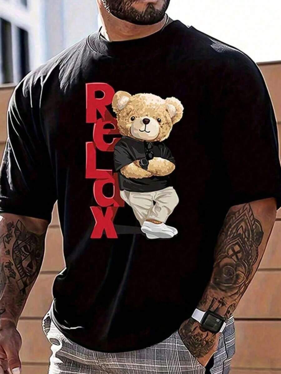 Camiseta divertida de entrenamiento relax , cuello redondo informal, manga corta, tejido de punto de poliéster, elasticidad media, estampado de animales, top cómodo para todas las estaciones DHHM - Negro - Ver 1