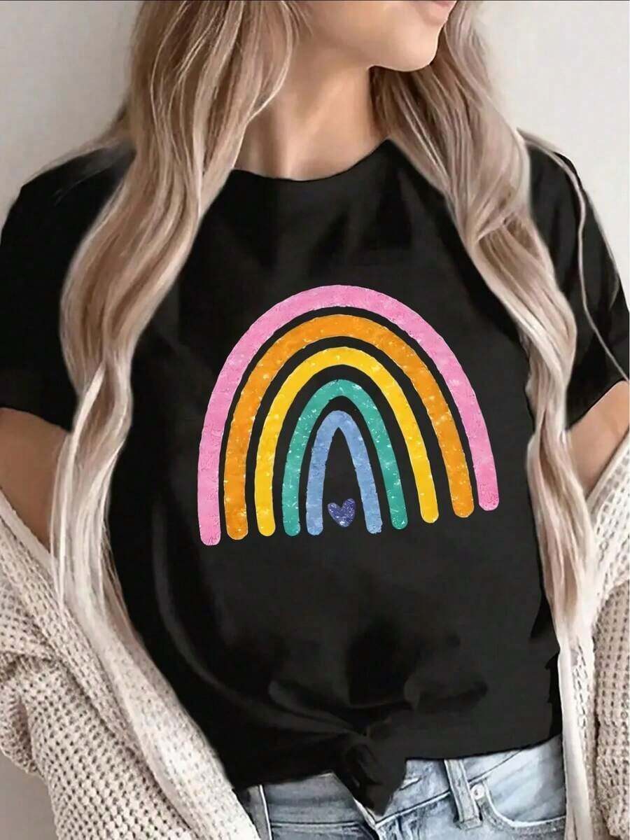 Lightweight And Durable Short-Sleeve T-Shirt, Featuring A Vibrant Rainbow Design, Perfect For Lounging At Home Or Casual Outings, Providing A Comfortable Everyday Wear Experience,Elegant Plus Size Women's Tops - 黑色 - 查看 1