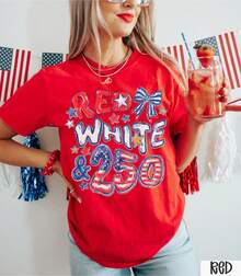 [100% Cotton] 250th Anniversary Shirt, Red White And 250 Tee, 4th Of July Shirt, Preppy Patriotic Tee, USA America Shirt, Flag Tshirt, American Girl,  Casual Women's T-Shirt - Màu xanh hải quân - Xem 8