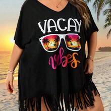 CURVE+ Curve Size US22Music Festival, Seaside Vacation, Bohemia Women's V-Neck Printed Loose Beach Cover-Up Top, Suitable For Summer Beach Vacation Plus Size Bathing Suits Women - Albaricoque - Ver 5
