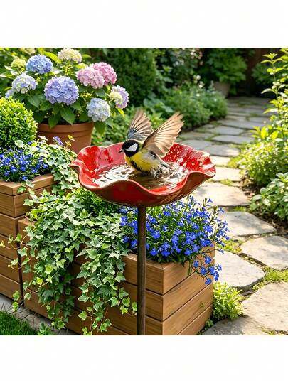 1pc Handmade Metal Garden Stake, Bird Bath, Bee Bath, Butterfly Feeder, Hummingbird Waterer, Creative Outdoor Yard Decor Sculpture