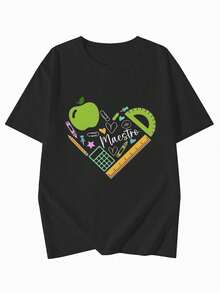 Camiseta de moda femenina de verano de manga corta camiseta de moda casual al aire libre 'love' estampado camiseta casual femenina con patrón relajado - Negro - Ver 3