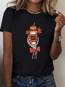 OversizeRopa de mujer de talla grande y corte ajustado, camiseta blanca holgada para mujer - top de estilo casual con estampado de chiles y momias, diseño de moda bohemia, adecuada para uso diario y disfraces de Halloween, camiseta de manga corta ligera de 200 gramos, ropa de mujer elegante y lavable a máquina. - Negro - Ver 3