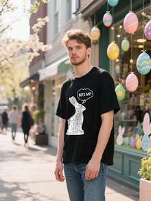 Camisetas de Pascua para Mujer con Estampado Floral de Conejo, Bonitas Camisetas con Huevos de Pascua, Camiseta Casual de Manga Corta para Primavera - Negro - Ver 3