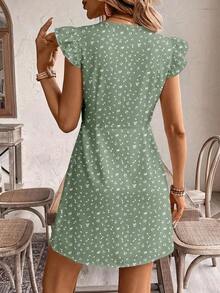 Frenchy Vestido casual de mujer con cuello en V, manga corta, corte evasé y botones con estampado floral diminuto, conjunto de vacaciones para mujer - Multicolor 2 - Ver 2