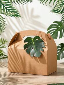 Artificial Palm Leaves Decor - Plastic/Brown Manila Paper Gift Box With Palm Leaf Pattern. Suitable For Wedding Gifts, Hawaiian Parties, Party Favors, And Jungle Themed Occasions - Box - View 3