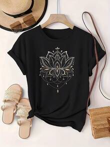Plus Size, Women's Casual Short-Sleeve T-Shirt With Lotus And Sesame Flower Pattern - Round Neck Fashion T-Shirt, Machine Washable, Comfortable Fit For All Seasons, Suitable For Daily Wear - 黑色 - 查看 2