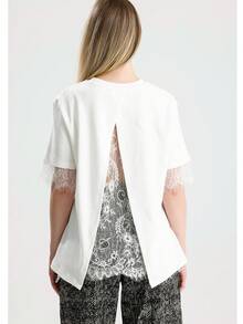 RoseArya Premium Cotton Lace Sleeve & Back T-Shirt - White - View 4