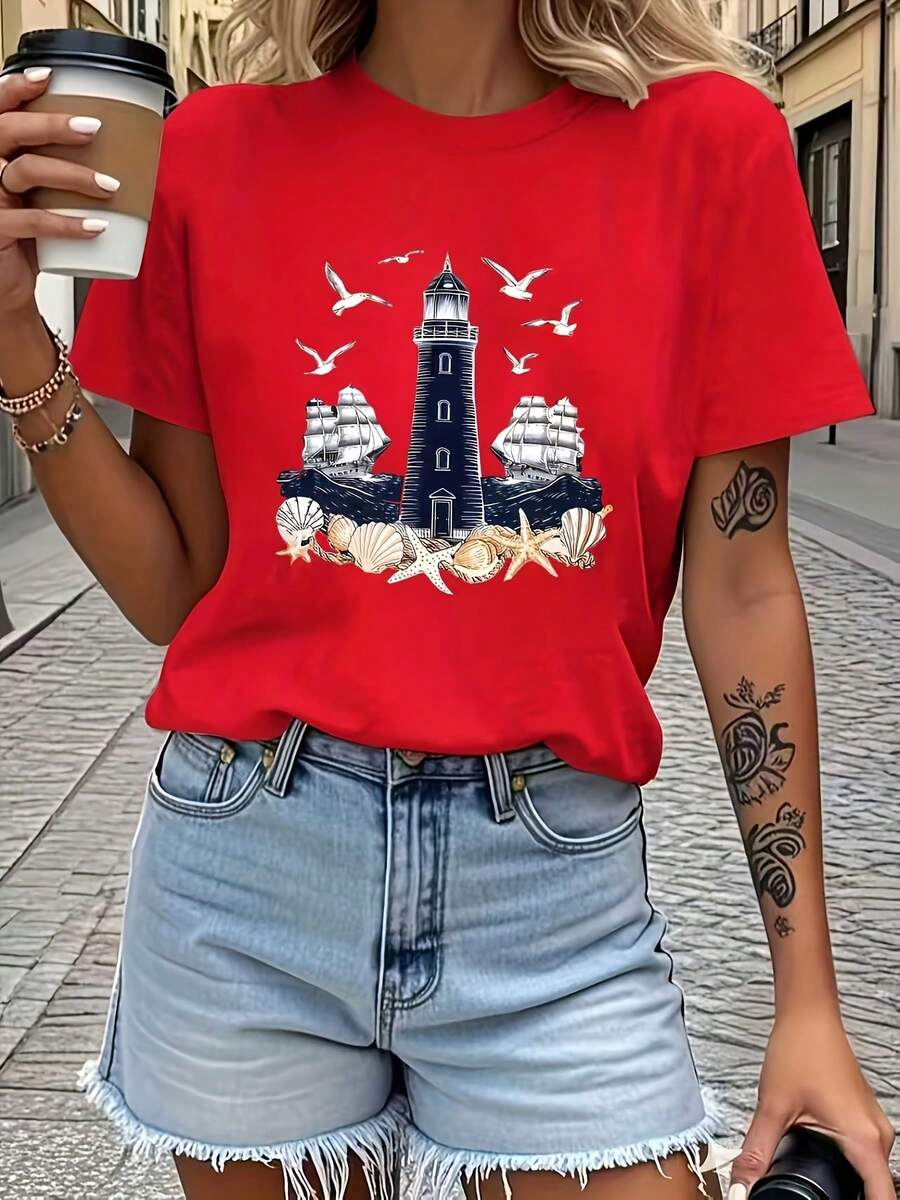 Women's T-Shirt With Lighthouse, Seagull And Boat Prints, Comfortable Fit, Casual Short Sleeve Top, Geometric Coastal Design In Navy Blue, Machine Washable For All Seasons, Comfortable For Everyday Wear, Coastal Themed T-Shirt, Women's Solid Color T-Shirt With Bold Black Bow Print, Comfortable Fit, 100% Cotton. - 紅色 - 查看 1