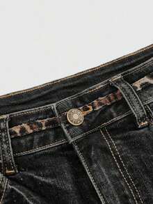 Grunge Punk Shorts de mezclilla con cintura súper baja, bordado de estampado de leopardo, para mujer, estilo K-pop Y2K, para fiestas, conciertos y festivales - Negro - Ver 3
