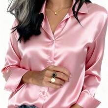 2026 Women's Satin Button-Up Blouse, Elegant Collared Shirt For Office Or Casual Wear, Autumn Winter Spring Summer Tops Summer Outfits For Women Summer Clothes Shirts Vacation Outfits Women Spring Outfits For Women Blusas Bonitas De Mujer Cute Tops Going Out Tops Women - 粉色 - 查看 1