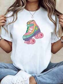 Conjuntos de Vacaciones para Mujer - Camiseta Gráfica Retro de Patines de Ruedas para Mujer - Estampado Vintage de Patines de Ruedas, Manga Corta, Cuello Redondo, Blusa Casual Elástica Adecuada para Primavera y Verano, Ideal para Fiestas de Patinaje, Atuendo Casual y Ropa de Estilo Retro - Conjuntos de Primavera Y2Y para Mujer - Ropa de Verano, Tops de Verano |   Diseño exquisito |   Suelto y cómodo |   Fácil de combinar | - Blanco - Ver 1