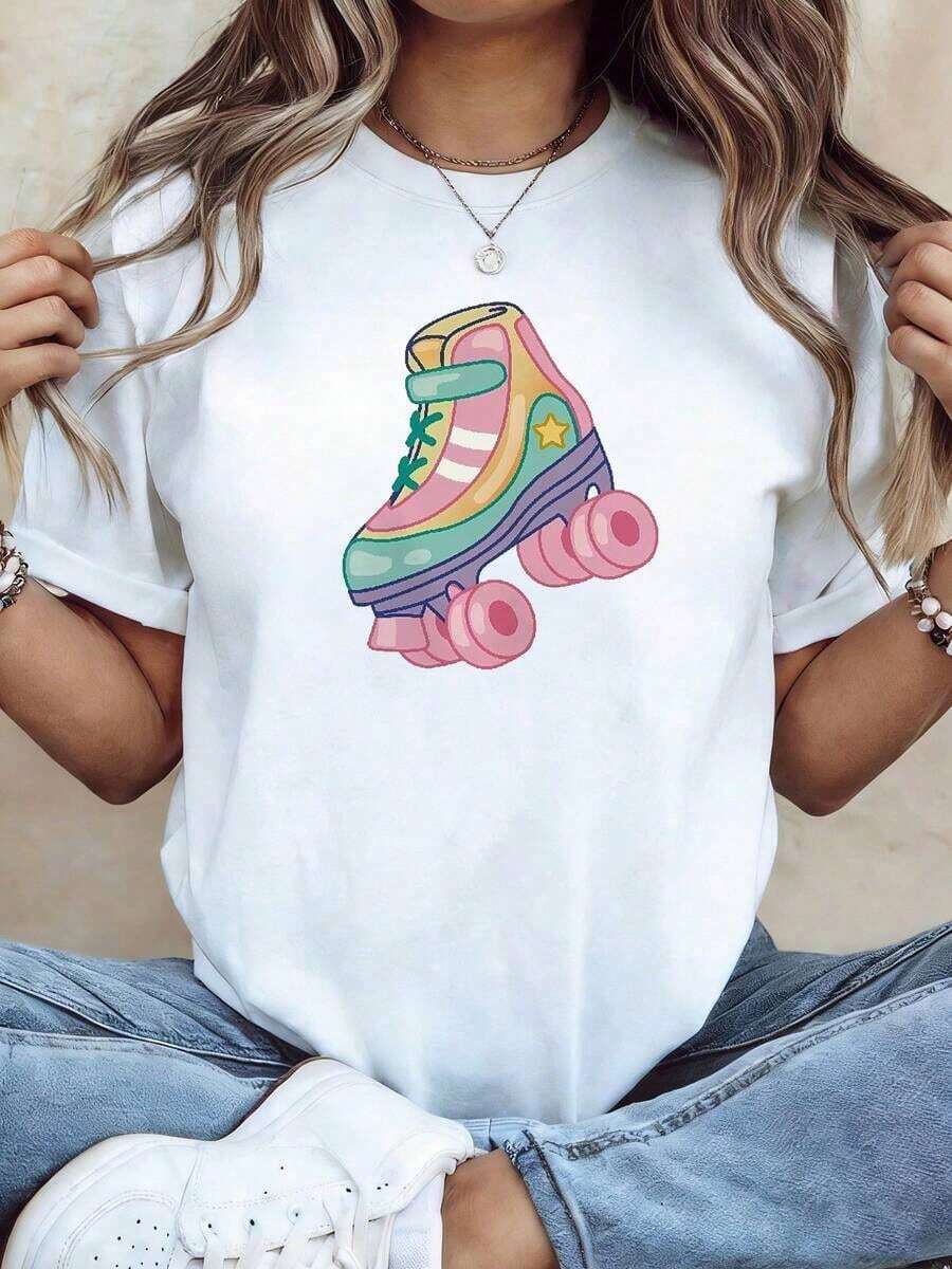 Conjuntos de Vacaciones para Mujer - Camiseta Gráfica Retro de Patines de Ruedas para Mujer - Estampado Vintage de Patines de Ruedas, Manga Corta, Cuello Redondo, Blusa Casual Elástica Adecuada para Primavera y Verano, Ideal para Fiestas de Patinaje, Atuendo Casual y Ropa de Estilo Retro - Conjuntos de Primavera Y2Y para Mujer - Ropa de Verano, Tops de Verano |   Diseño exquisito |   Suelto y cómodo |   Fácil de combinar | - Blanco - Ver 1