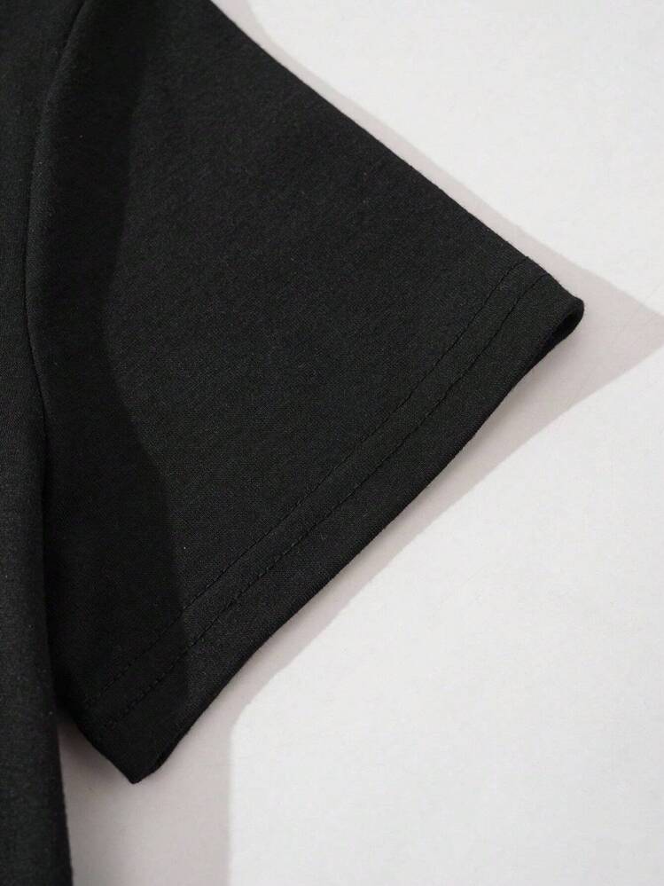 Camiseta Estampada Exquisita| Diseño de cuello redondo y manga corta, poliéster transpirable, lavable a máquina, top versátil de moda primavera-verano. - Negro - Añade 4
