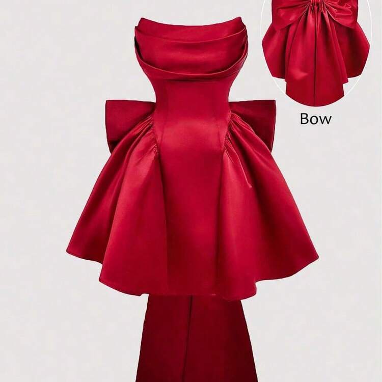 MOD Satin Fitted Bandeau Bow Decor Short Dress, Pink Corset Dress - Azul - Añade 4