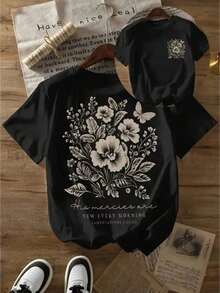100% de doble cara, una camiseta suave y transpirable para el verano, una camiseta popular recientemente, que absorbe la humedad, estampada con motivos florales negros, adecuada para salidas, viajes y fines de semana.Es transpirable y cómodo. - Negro - Ver 1
