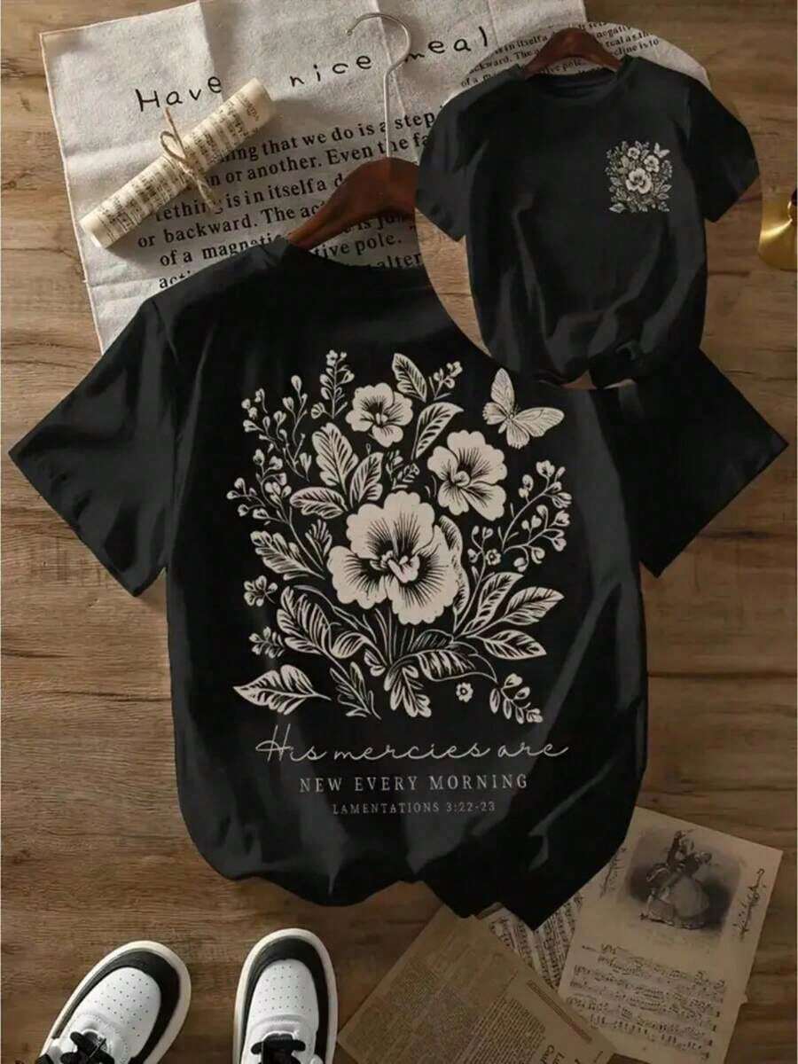 100% de doble cara, una camiseta suave y transpirable para el verano, una camiseta popular recientemente, que absorbe la humedad, estampada con motivos florales negros, adecuada para salidas, viajes y fines de semana.Es transpirable y cómodo. - Negro - Ver 1