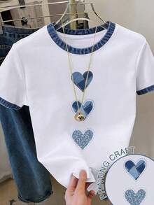 Camiseta casual de mujer de manga corta con cuello redondo y estampado de corazón en bloques de color - Blanco 4 - Ver 1