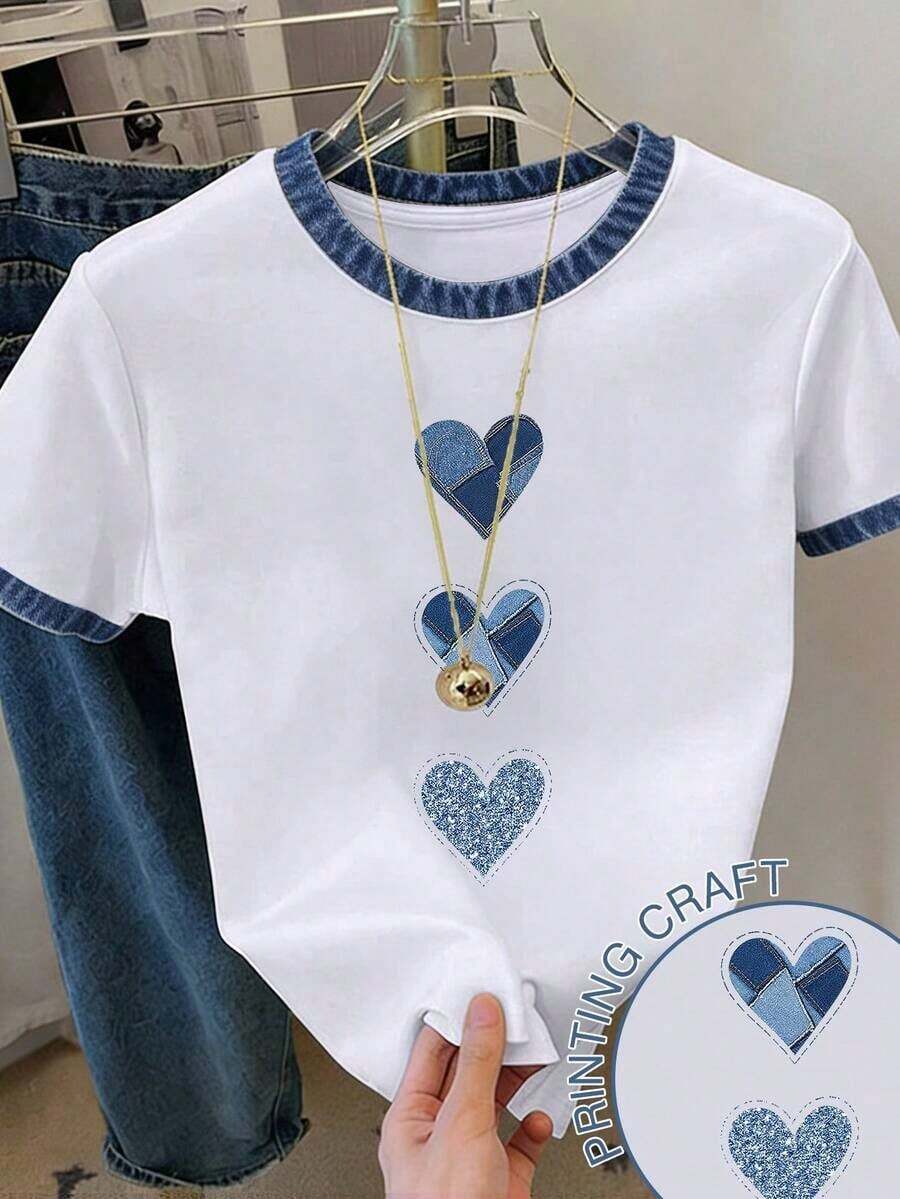 Camiseta casual de mujer de manga corta con cuello redondo y estampado de corazón en bloques de color - Blanco 4 - Ver 1