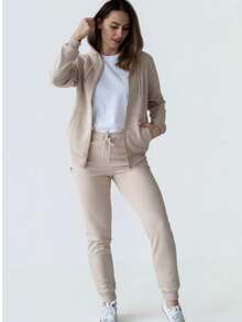 Women's Jogger Sweatpants With Ribbed Leg Cuffs, A Ribbed Waistband With Drawstring, Made From French Terry Fabric - Beige - View 2