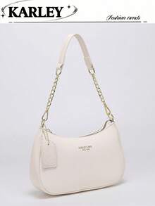 2026 New Classic Wild Letter Pattern Decor Design Solid Color PU Leather Shoulder Bag Moon Bag, Suitable For Shopping, Can Be Worn Crossbody - White - View 8