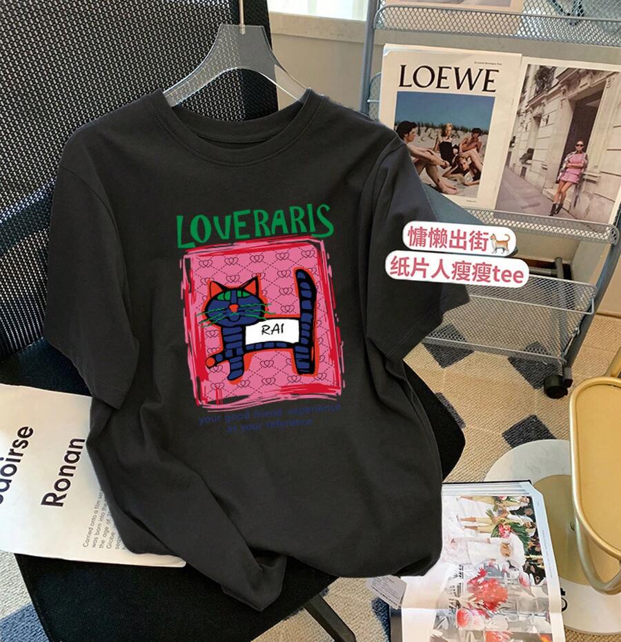 Camiseta de manga corta de algodón puro, estilo europeo, de gran tamaño, nueva colección primavera/verano 2024, con diseño de dibujos animados para mujer, holgada y versátil, de longitud media-larga, adecuada para usar como prenda exterior. - Negro - Ver 1