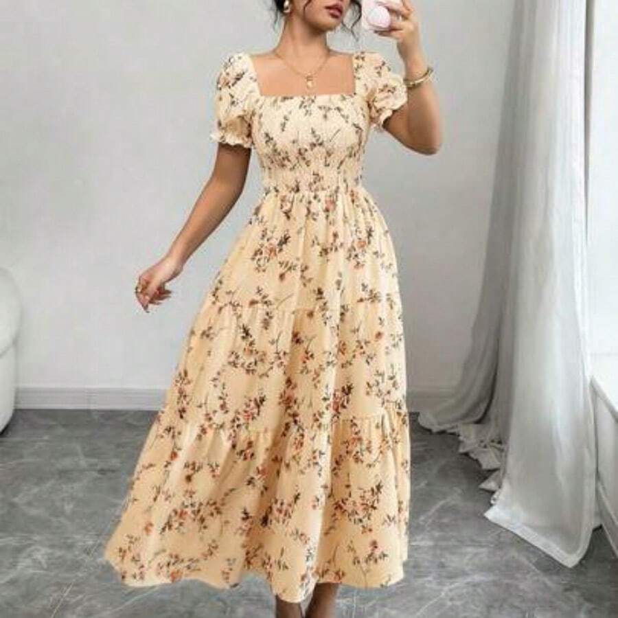 Women's Spring/Summer Square Neck Pleated Short Sleeve Ruffle Hem Maxi Dress, Featuring Small Ditsy Floral, Suitable For Casual Daily Life, Work, Travel, Beach, Bohemian, Western, Music Festival, Countryside Style - Albaricoque - Ver 1