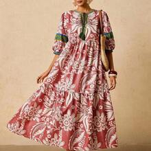 Plus Size Women's Pink & Green Tropical Plant Print Maxi Dress, V-Neck Tie Bow Long Sleeve Loose Casual Dress, Early Autumn Boho Dress Women Summer Dresses For Women With Sleeves Resort Dresses For Women Floral Print Dress French Dresses For Women Autumn Dress Going Out Dress Fall Clothes Fall Clothes Plus Size Autumn Clothes Wedding Guest Dress Elegant  Old Money Beach Outfits For Woman Resort Wear Women Ibiza Outfit - Multicolor - Ver 6