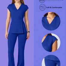 Soft Scrub Set Breathable Women's Elastic Jogging Nurse Uniform, V-Neck Top With Adjustable Waistband Pants, 2pcs Pockets Shirt Bottom Suit For Doctors Healthcare Workers Nurses Accessories Workwear, Comfortable Outfit - 寶藍色 - 查看 1