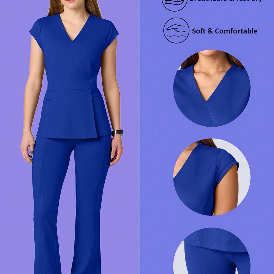 Soft Scrub Set Breathable Women's Elastic Jogging Nurse Uniform, V-Neck Top With Adjustable Waistband Pants, 2pcs Pockets Shirt Bottom Suit For Doctors Healthcare Workers Nurses Accessories Workwear, Comfortable Outfit - 寶藍色 - 查看 1