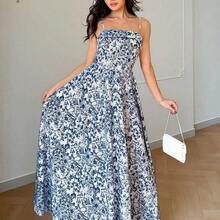 Women's New Waist-Cinching Spaghetti Strap Backless Blue & White Porcelain Ditsy Floral Dress, Fashionable & Elegant Casual Holiday Dress - Multicolor - Ver 5