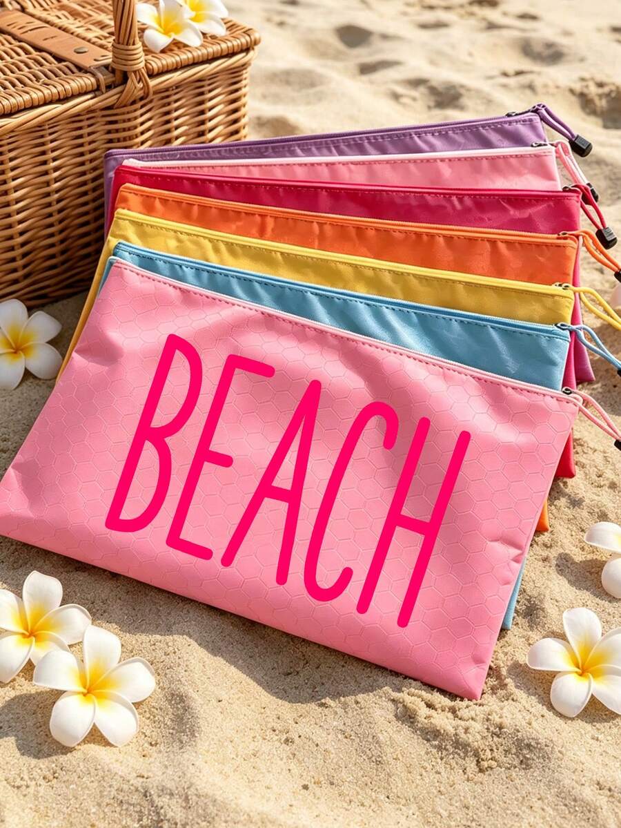 Multi-Color A5 Soccer Ball Texture Beach Bag, Make Up Bag With Color "Beach"Printing, Beach Theme. Large Capacity Cosmetic Bag,Toiletry Bag With Nylon Zipper - Lightweight, Storing Sunscreen, Snacks, Bikinis, File And Beach Essentials. Spring And Summer Storage, Durable, Very Suitable For Swimming, Beach