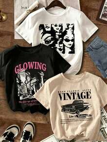 Camiseta Mujer Manga Corta 3 piezas/set de camisetas de manga suitable for streetwear, Top oversized cuello redondo daily outings, camping, concerts, hip-hop, rock, and rap events vintage punk estilo urbano auto clasico estilo americano diseño moderno juvenil primavera verano juvenil Cuello Redondo Estilo Moderno Casual - Negro - Ver 1