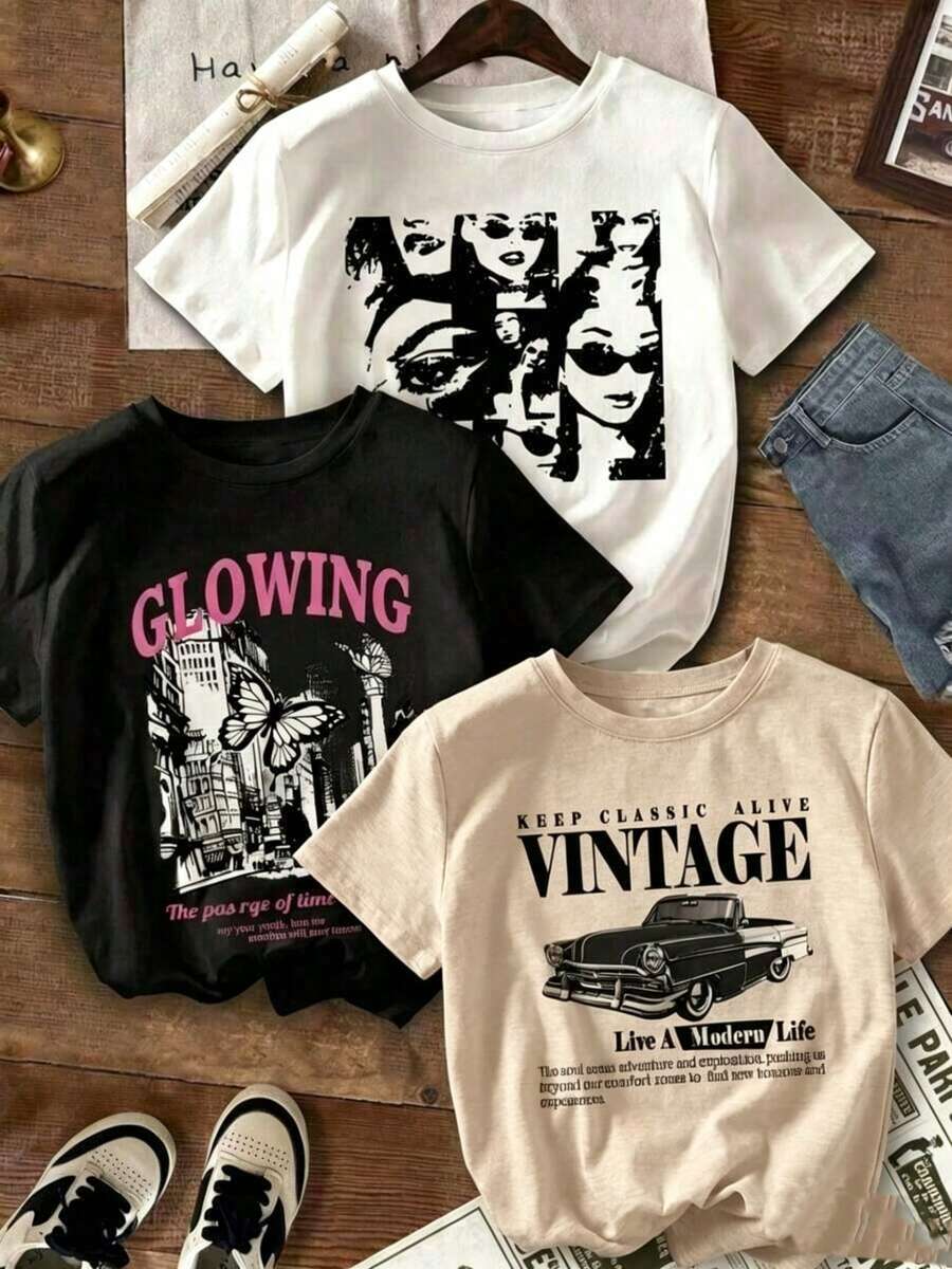 Camiseta Mujer Manga Corta 3 piezas/set de camisetas de manga suitable for streetwear, Top oversized cuello redondo daily outings, camping, concerts, hip-hop, rock, and rap events vintage punk estilo urbano auto clasico estilo americano diseño moderno juvenil primavera verano juvenil Cuello Redondo Estilo Moderno Casual - Negro - Ver 1
