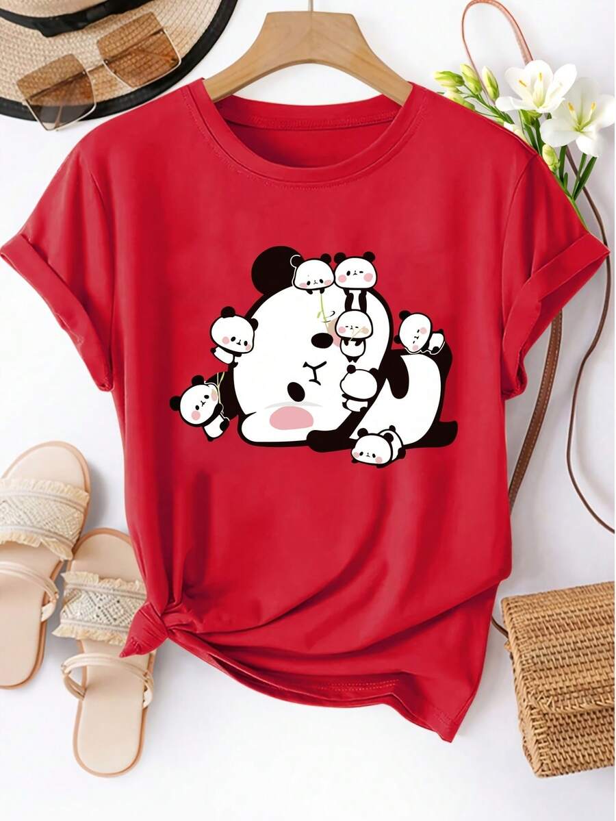 Camiseta de manga corta con cuello redondo para mujer, estampado de la familia panda abrazándose, lavable a máquina, camiseta de primavera/verano, diseño divertido, ajuste cómodo - Camiseta unisex de algodón holgada de estilo vintage con cuello redondo y manga corta. - Rojo - Ver 1