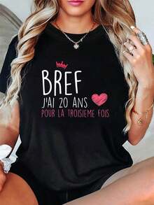 Talla grande, camiseta de mujer talla grande con estampado gr£fico "BREF J'AI 20 ANS POUR LA TROISIEME FOIS", manga corta, cuello redondo, top casual para verano y primavera, ropa de mujer - Negro - Ver 2