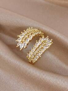 18K Gold Plated Multi-Layer Leaf Zirconia Stackable Ring Set, Fade-Resistant Adjustable Wide Open Ring, Elegant Women's Jewelry, Suitable For Daily Wear And Wedding - Multicolor - View 7