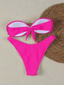 Nuevo conjunto de bikini negro sólido, sexy, elegante, casual, para playa, vacaciones y citas, sin tirantes, para primavera/verano - Rosa - Ver 2