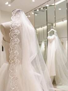 1pc Ivory Embroidered Elegant Cathedral Train Long Soft Mesh Veil, 2025 Lace Bridal Veil Fall Clothes For Women - White - View 3