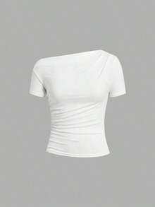 Camiseta de punto elástica de unicolor con hombro asimétrico y manga corta fruncida, multicolor, estilo carnavalesco, elegante para primavera/verano para mujeres - Multicolor 8 - Ver 7