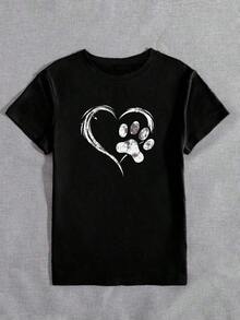 1 pieza de camiseta casual de manga corta para mujer con estampado de pata de perro y corazón, cuello redondo, camisetas gráficas para mujer, 180g, 100% algodón. - Negro - Ver 3