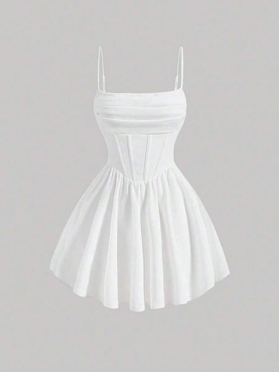 Elegante vestido de tirantes con fruncido en la cintura de color liso - Blanco 3 - Ver 1
