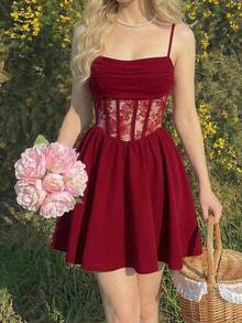 Elegante vestido de tirantes con fruncido en la cintura de color liso - Burdeos - Ver 2