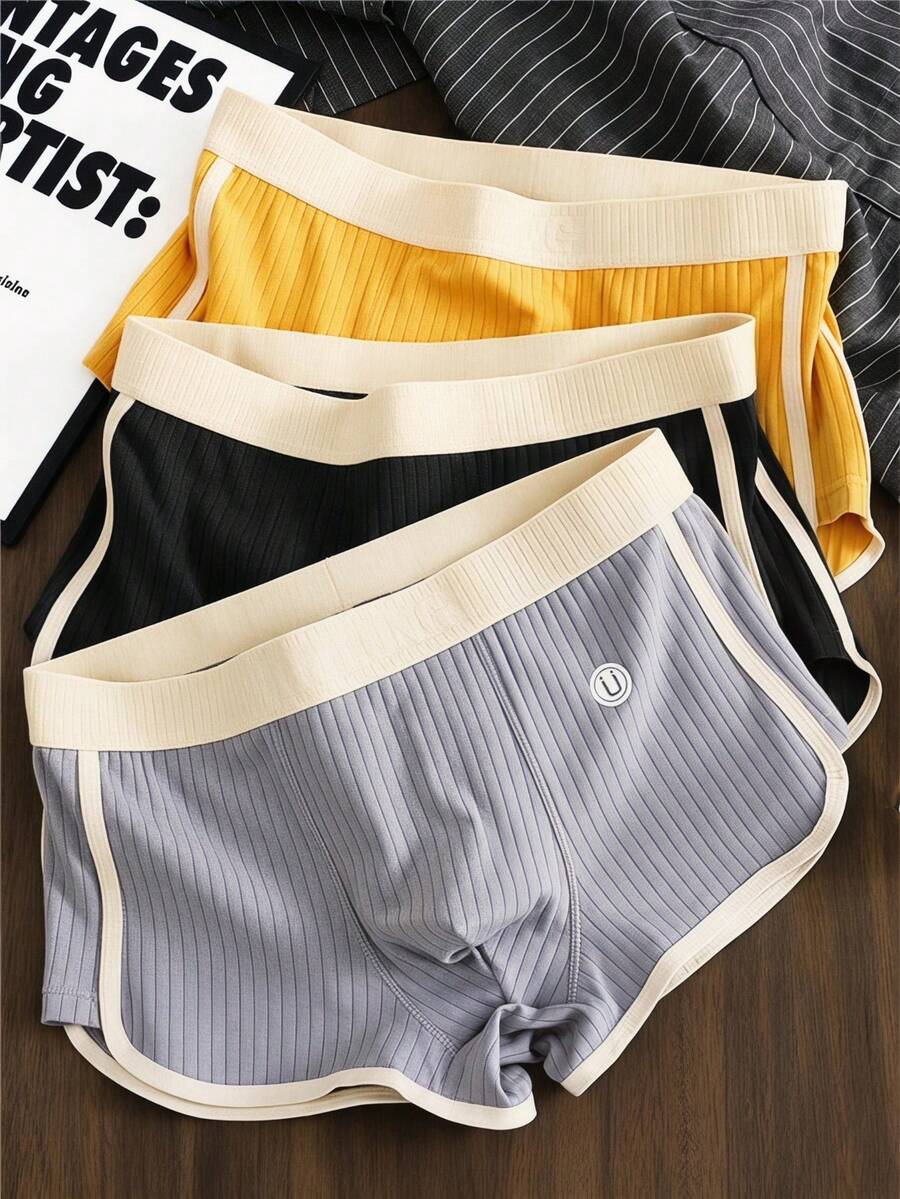 3 piezas de calzoncillos deportivos de algodón acanalado de unicolor para hombres - Multicolor - Ver 1